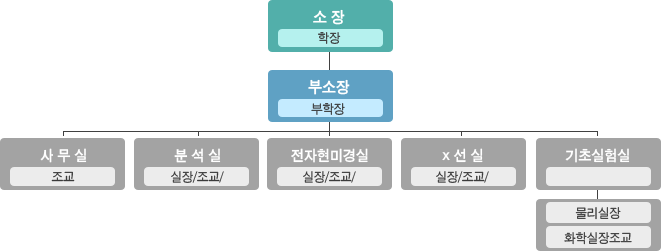 소장 밑으로 부소장 그 밑으로 사무실, 분석실, 전자현미경실,  x선실, 기초실험실이 있음